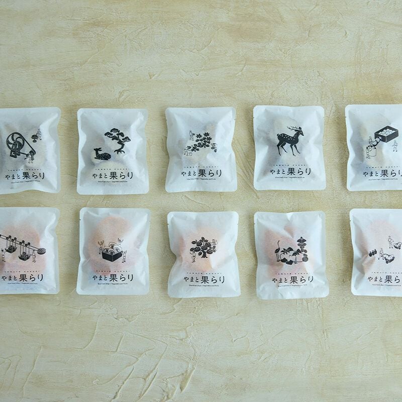 箱に入る小袋には鹿や大和の人々をモチーフにしたイラストが描かれている